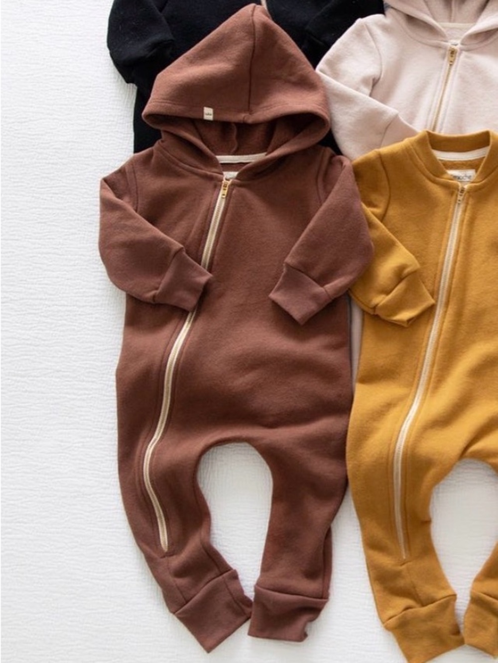 Mini Mioche Biker Romper Cocoa Neutral Kids Hooded Zipped One-Piece in Brown